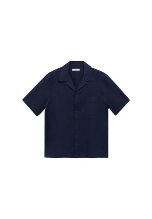 Navy short-sleeve shirt, collared design, button-down front, single chest pocket, made of lightweight fabric with a smooth texture.