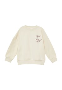 Jasnobeżowa bluza z miękkiego materiału. Ma okrągły dekolt, opuszczone ramiona oraz napis "HAVE A GREAT DAY" w ciemnobrązowym kolorze.