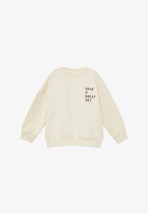 Jasnobeżowa bluza z miękkiego materiału. Ma okrągły dekolt, opuszczone ramiona oraz napis "HAVE A GREAT DAY" w ciemnobrązowym kolorze.