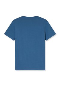 T-shirt blu in cotone con scollo rotondo e maniche corte, caratterizzata da una texture liscia e un design semplice. Vista posteriore senza motivi o accenti.