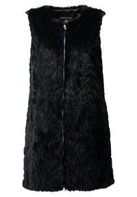 Svart faux fur-väst med en texturerad, lövformad yta, ärmlös design och dragkedjestängning fram.