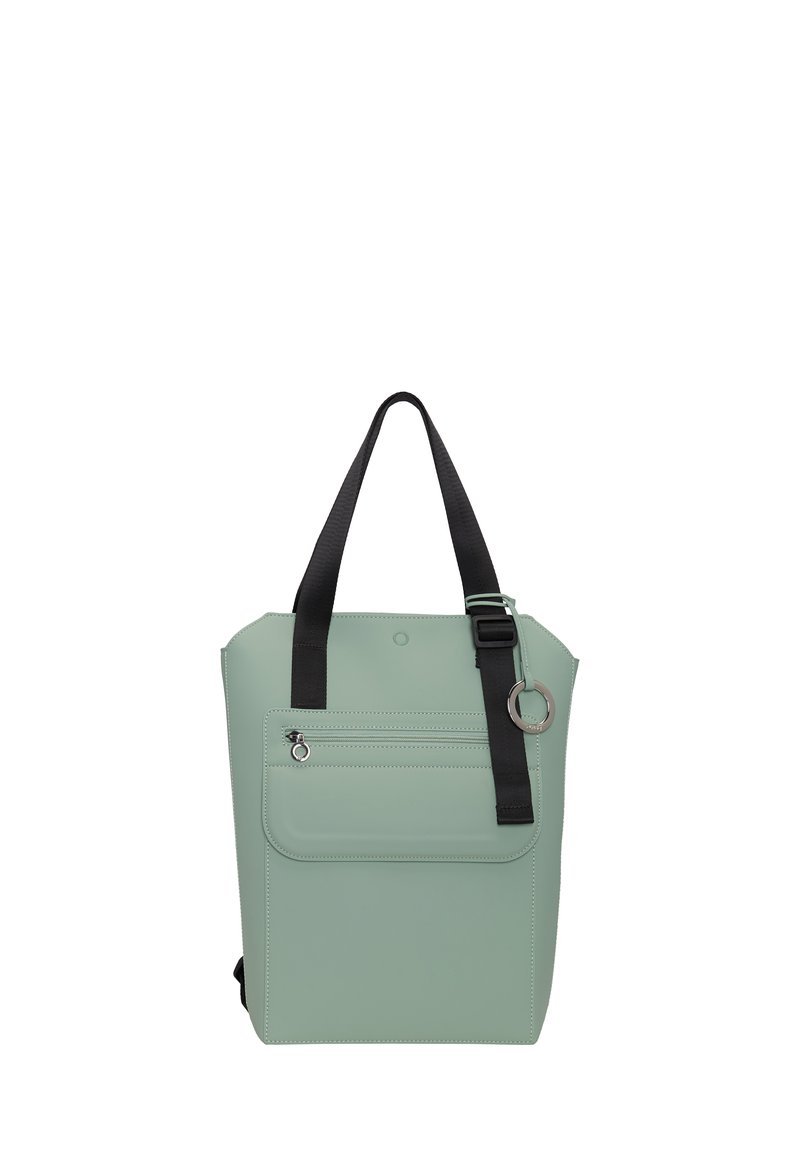 Mintgrön tote-väska med svarta remmar, zippered frontficka och silverfärgad hårdvara. Slät textur med synlig sömdekoration.