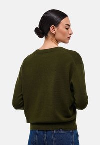 Pull en maille vert olive avec un col rond et des manches raglan. Texture lisse, coupe décontractée, et finitions côtelées aux poignets et à l'ourlet.