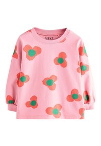 Sudadera rosa con estampado floral en naranja y verde, escote redondo y mangas largas con puños fruncidos. Fabricada con suave algodón.