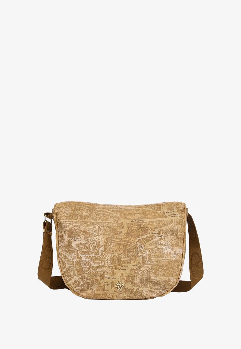 Borsa a spalla marrone caratterizzata da un tessuto testurizzato con un design a rilievo di una mappa cittadina. Tracolla regolabile e accento del logo dorato sul davanti.