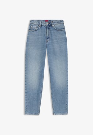 Vaaleansininen farkut, joissa on suora lahjemalli, viisi taskua ja etuosassa oleva logoplässi. Kangas on hieman teksturoitu.