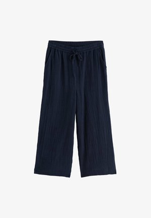 Marineblaue, weite Hose mit elastischem Bund und Kordelzug, ausgestattet mit Seitentaschen und leichtem, strukturiertem Stoff.