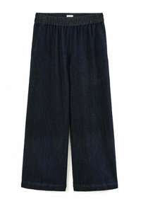 Donkerblauwe denim wijdvallende broek met een elastische tailleband en een gladde textuur. Ontworpen met rechte, vloeiende pijpen en zonder zichtbare hardware.