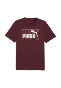 Bordeaux bomulds-t-shirt med et creamfarvet Puma-logo og grafisk design på fronten. Korte ærmer og rund hals.