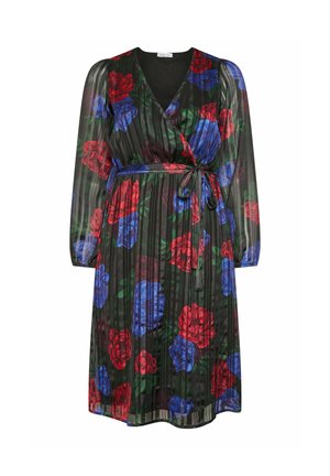 Vestito nero trasparente con motivo floreale colorato in rosso e blu, con design a portafoglio, maniche lunghe e una cintura da annodare in vita. Strisce verticali visibili.