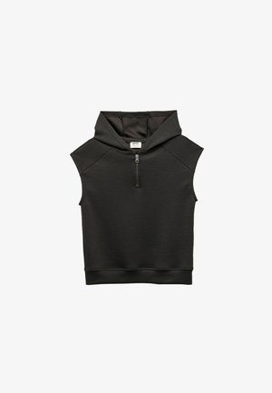 Bezrękawnik w ciemnoszarym kolorze z zamkiem z przodu, o miękkiej fakturze i ściągaczu na dolnym brzegu. Projekt zawiera dużą, przymocowaną kieszeń.