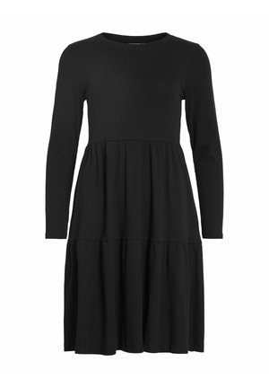 Robe noire à manches longues en tissu côtelé, avec un col rond et une jupe à volants au design décontracté.