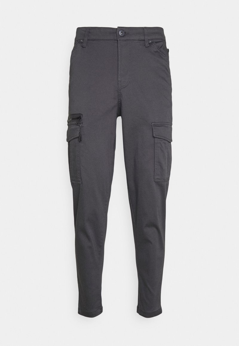 Cargo broek in donkergrijs stof, met een getailleerd ontwerp, meerdere zakken, een met rits sluitende zijzak en een knoopsluiting.