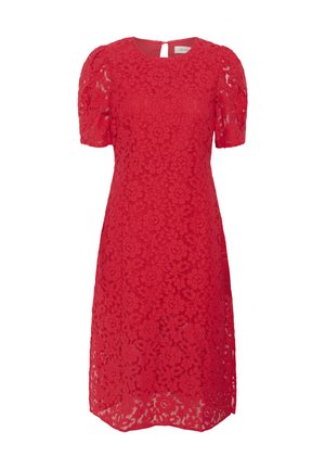 Czerwona koronkowa sukienka z krótkimi bufkami, okrągłym dekoltem i odkrytymi plecami. Posiada kwiatowe wzory na całej teksturowanej tkaninie.