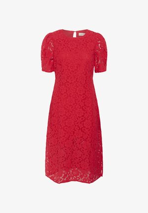 Červené čipkované šaty s krátkymi pufovanými rukávmi, okrúhlym výstrihom a kľúčovou dierkou na chrbte. Obsahujú kvetinové vzory po celom textúrovanom materiáli.