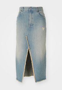Fustă din denim, bleu deschis, de lungime medie, cu margine franjurată. Prezintă o deschidere frontală și detalii distresate aproape de talie și margine.