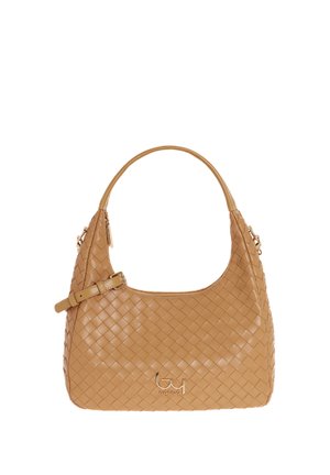 Borsa a tracolla in pelle color cuoio con motivo intrecciato, tracolla laterale regolabile e piastra con logo in tono oro sulla parte anteriore.