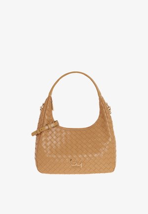 Borsa a tracolla in pelle color cuoio con motivo intrecciato, tracolla laterale regolabile e piastra con logo in tono oro sulla parte anteriore.