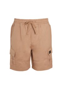 Beige Cargo-Shorts aus strapazierfähigem Stoff, mit elastischem Bündchen, Kordelzugverschluss und seitlichen aufgesetzten Taschen für zusätzliche Funktionalität.