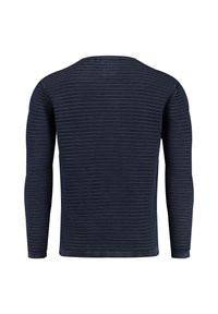 Marineblaues Langarmshirt mit horizontalem Streifenmuster, runden Halsausschnitt und taillierten Ärmeln. Weicher Stoff mit feiner Textur.
