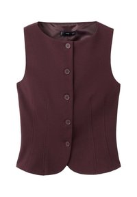 Vestă burgundă din material neted, cu decolteu rotund, închidere frontală cu cinci nasturi și cusături croite pentru o siluetă ajustată.
