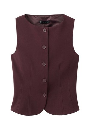 Bordeauxrode vest van soepel materiaal, met een ronde hals, voorzijde met vijf knopen en getailleerde naden voor een aansluitende pasvorm.