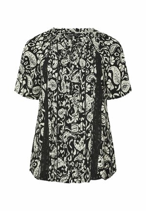 Blusa de manga corta en blanco y negro con un estampado de paisley y flores, cuello fruncido y paneles laterales texturizados.