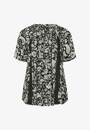 Schwarz-weiße kurzärmelige Bluse mit Paisley- und Blumenmuster, gerafftem Ausschnitt und strukturierten Seitenpaneelen.