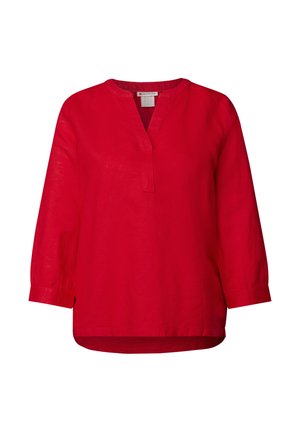 Rød linnedbluse med V-hals, trekvartærmer og sideslidser. Glat tekstur, afslappet pasform og letvægtsstof.