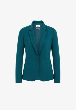 Teal bleiser iz gladkega materiala, z režnim ovratnikom, enim gumbom za zapiranje, dvema stranskima žepoma in strukturiranimi rameni.