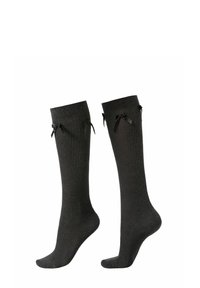 Dunkelgraue, knieb-high gerippte Socken mit kleinen schwarzen Schleifen an den äußeren Seiten nahe der Spitze.