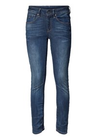 Denim jeans in dark blue with a slim fit, featuring five pockets, a zip-fly, and visible stitching details along the seams.