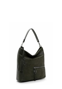 Green faux leather hobo bag with a curved top, soft texture, tassel detail, and a front zip pocket, featuring silver-tone hardware.