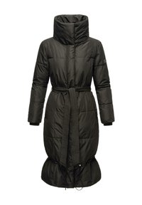 Manteau en duvet noir, avec un col haut, une taille ceinturée et un ourlet froncé. Fabriqué à partir d'un tissu texturé et isolé avec des sections piquées.