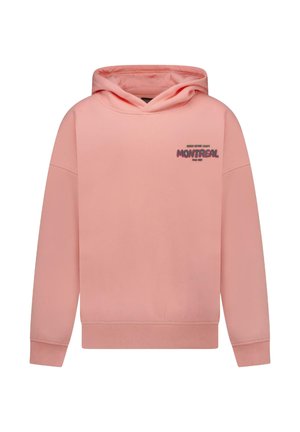 Roze hoodie met een zachte textuur, voorzien van een graphic met de tekst "MONTREAL" aan de linkerkant. Geribbelde boorden en zoom.