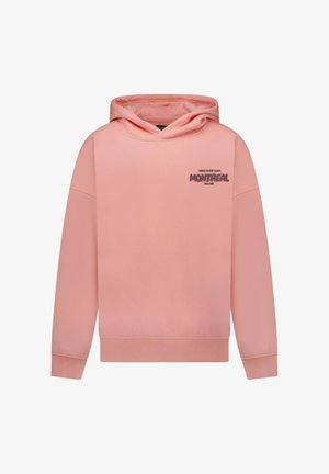 Roze hoodie met een zachte textuur, voorzien van een graphic met de tekst "MONTREAL" aan de linkerkant. Geribbelde boorden en zoom.