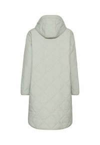 Lys grå hættejakke i kviltet design med diamantmønster, lange ærmer og en forlænget pasform, der har en glat, blød tekstur.