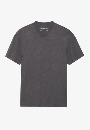 Szary krótki rękaw V-neck T-shirt wykonany z miękkiego, teksturowanego materiału z subtelnym melanżowym wzorem i wzmocnionymi szwami.