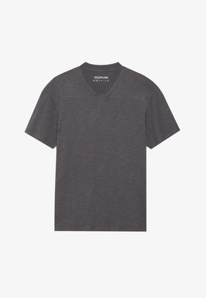 Gray short-sleeve V-neck T-shirt made of a soft, textured fabric with a subtle heather pattern and reinforced stitching.