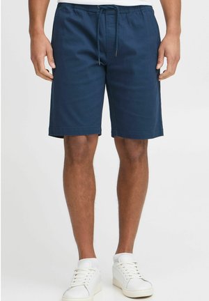 Marineblauwe shorts met een elastische tailleband en trekkoord, gemaakt van een gladde stof, met zijzakken en een rechte pasvorm.