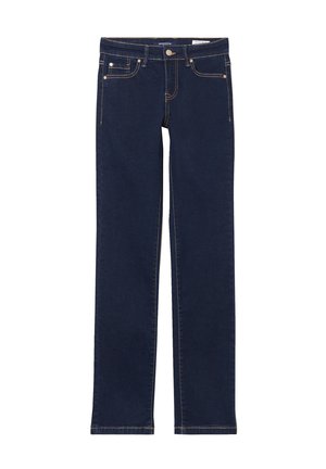 Jeans in denim blu scuro con design a gamba dritta, dotati di cinque tasche, cuciture dorate e una chiusura con bottone classica in vita.