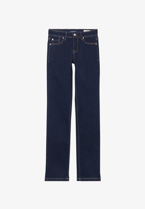 Donkerblauwe denim jeans met een recht model, voorzien van vijf zakken, gouden stiksels en een klassieke knoopsluiting in de taille.
