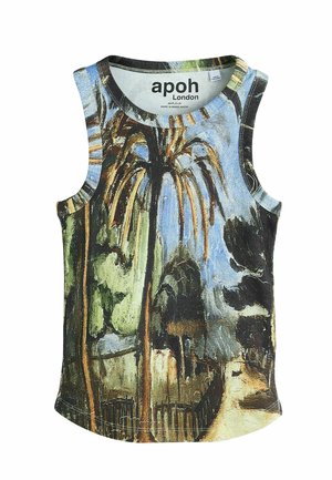 Ärmlös ribbad linne med målad design av palmer, ett staket och en blå himmel, märkt "apoh London" inuti kragen.