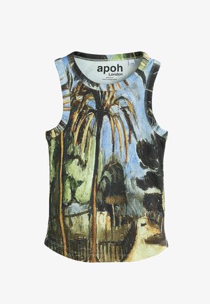 Débardeur côtelé sans manches avec un motif peint de palmiers, une clôture et un ciel bleu, portant l'inscription "apoh London" à l'intérieur du col.