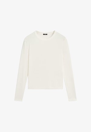 Langärmeliges weißes T-Shirt mit Rundhalsausschnitt und geradem Saum, präsentiert vor einem einfarbigen weißen Hintergrund.