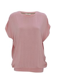 Różowa, luźna bluzka z krótkim rękawem i okrągłym dekoltem, wykonana z miękkiego materiału o gładkiej fakturze i delikatnym zwisie.