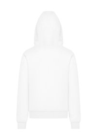 Weißer Kapuzenpullover, aus Baumwollmischung, mit gerippten Säumen und Bündchen, Kapuze mit Kordelzug, lässige Passform, glatte Textur, schlichtes Design.