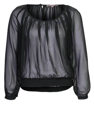 Schwarze transparente Langarmbluse mit rundem Ausschnitt, gerafften elastischen Manschetten und einem taillierten elastischen Saum am Bund.