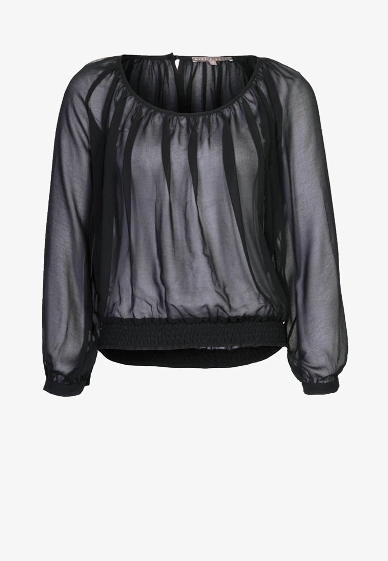 Blouse noire transparente à manches longues avec col rond, poignets élastiques froncés et un ourlet élastique ajusté à la taille.