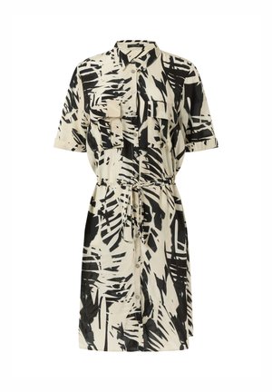 Sukienka koszulowa z krótkim rękawem w kremowym kolorze z czarnym abstrakcyjnym wzorem, z dwoma kieszeniami na piersi, zapięciem na guziki i wiązaniem w talii.
